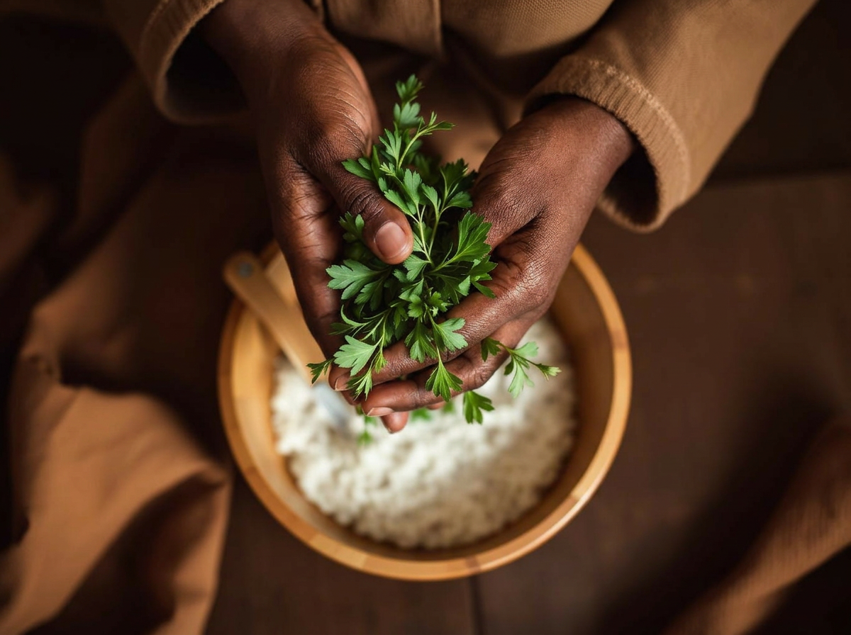 Hands cradling fresh green herbs above a wooden bowl