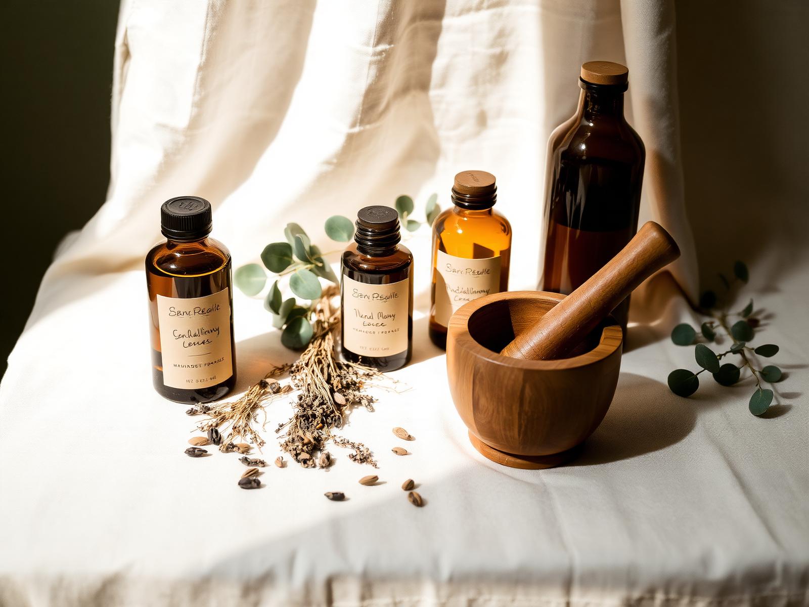 Amber apothecary bottles, dried herbs and a wooden mortar on cream linen