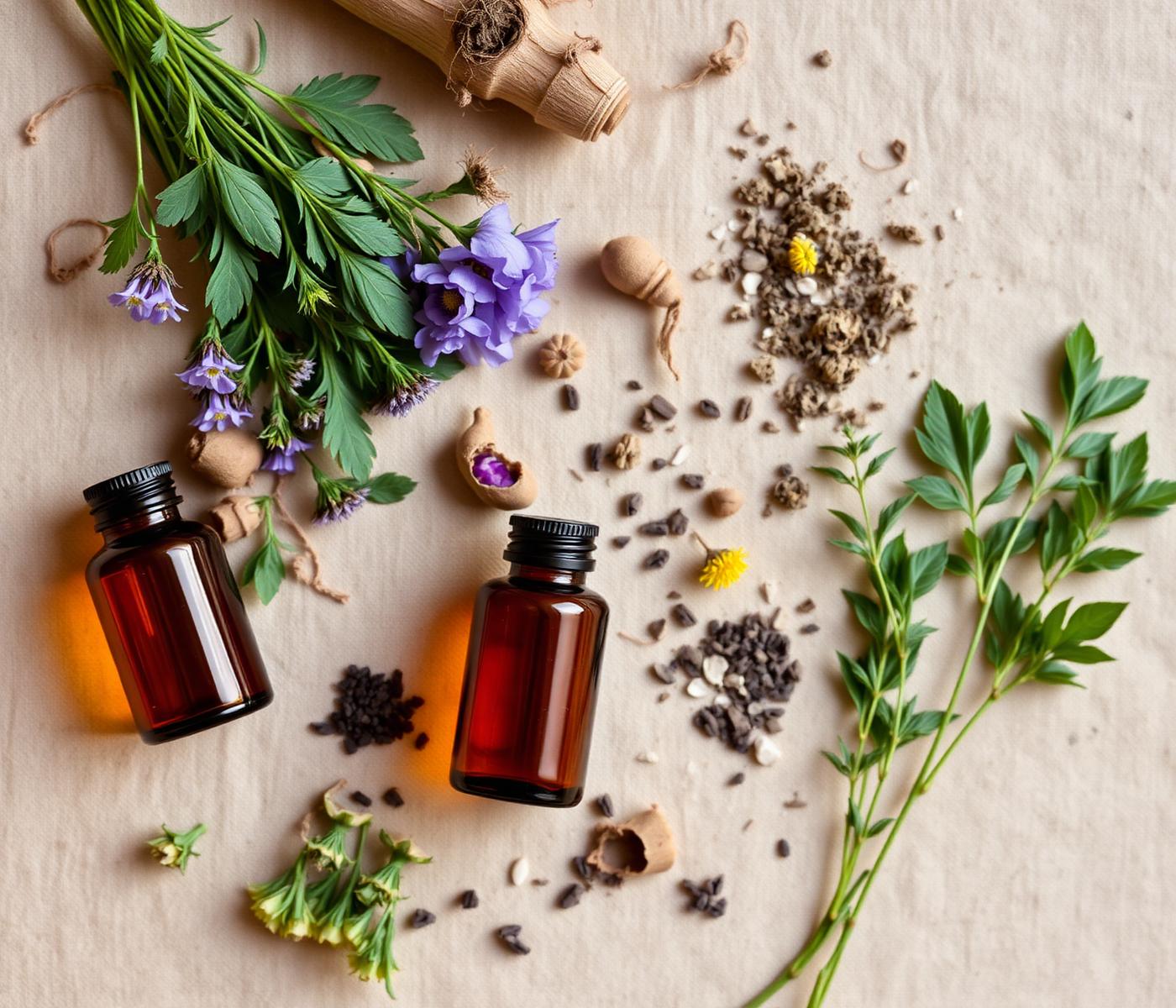 Fresh herbs, dried flowers and amber bottles arranged on linen